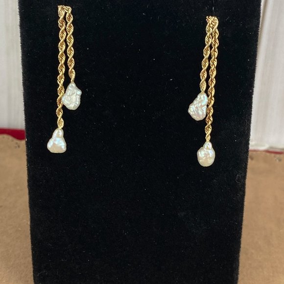 Vintage 14K Gold 1.5 MM Rope Chain Earrings 2 Strands with 3x4MM Rice Pearls - Picture 3 of 6